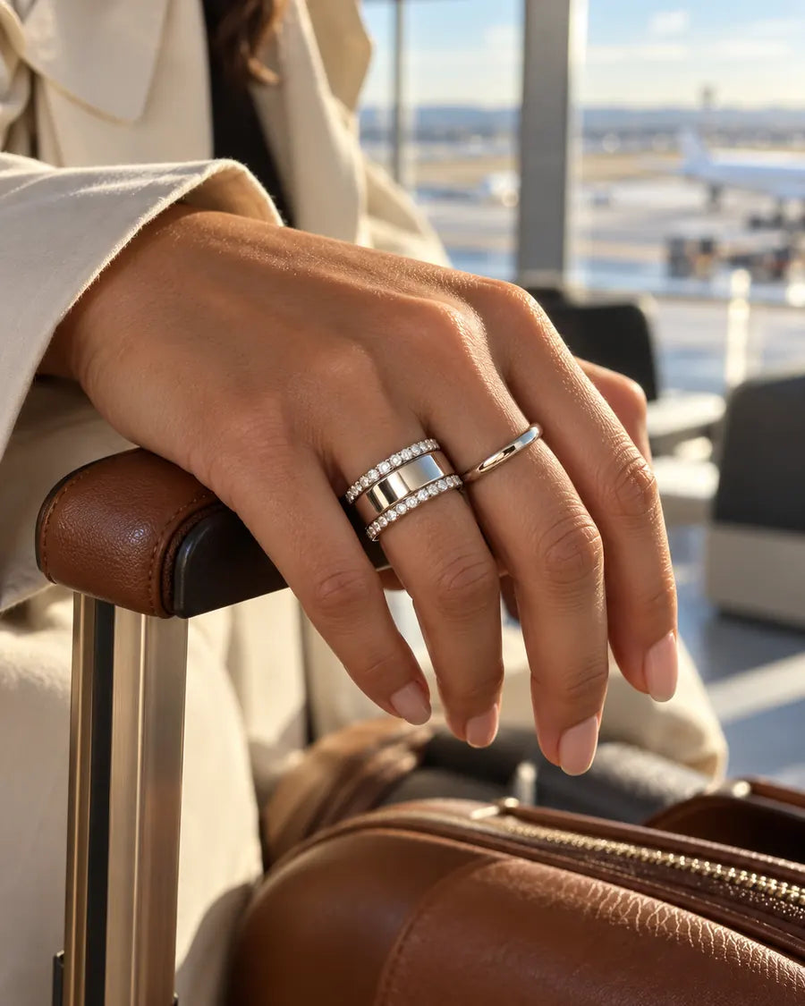 HALO Round in 14k white gold, worn over a silver Oura Ring with a hand resting on a carry-on at the airport