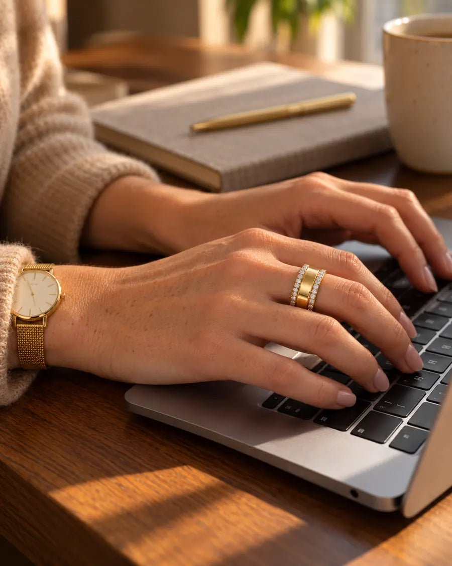 HALO Round in 14k yellow gold, worn over a gold Oura Ring while typing on a laptop at a sunlit desk