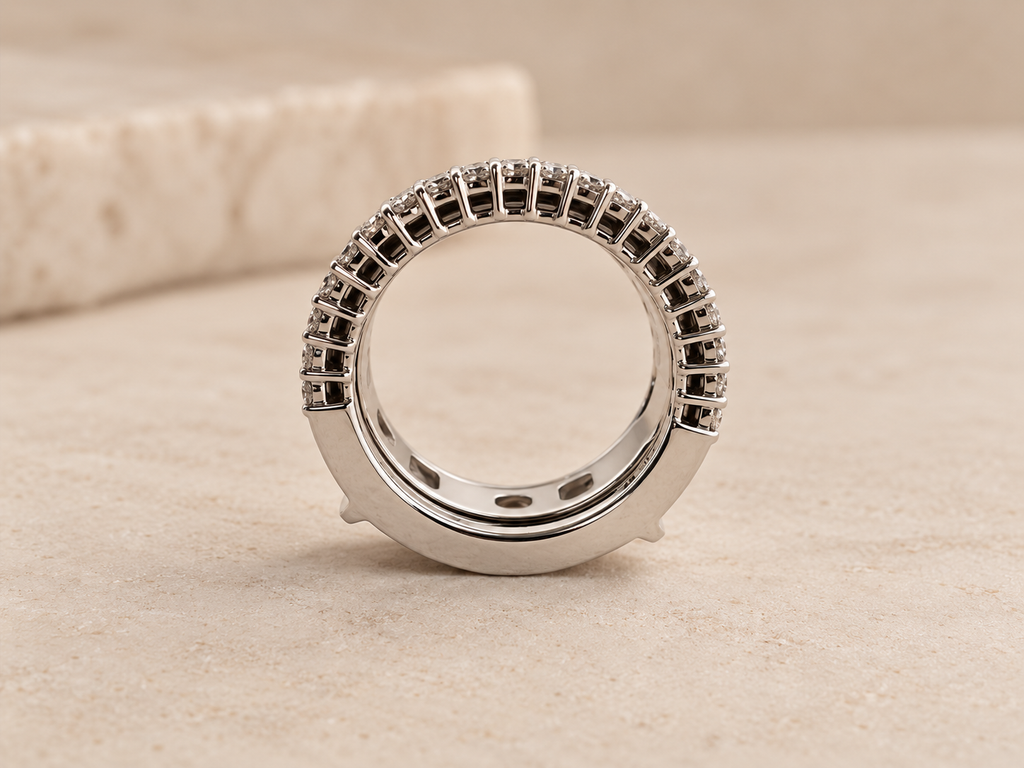 HALO Round in 14k white gold, side profile showing the open-bottom design