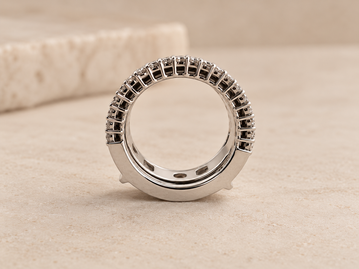 HALO Round in 14k white gold, side profile showing the open-bottom design