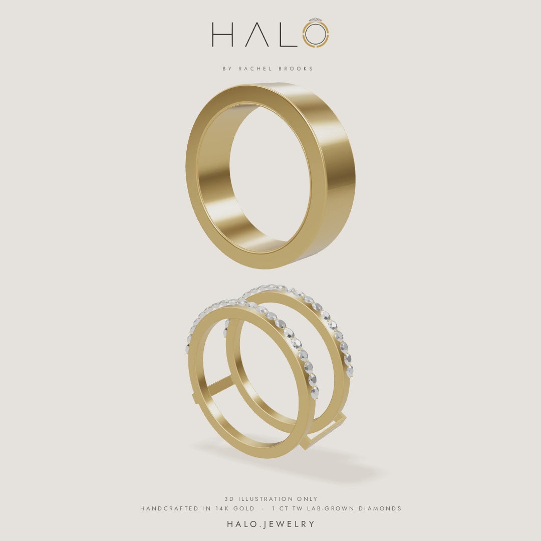 How HALO Round fits: an Oura Ring sliding into the 14k yellow gold diamond jacket