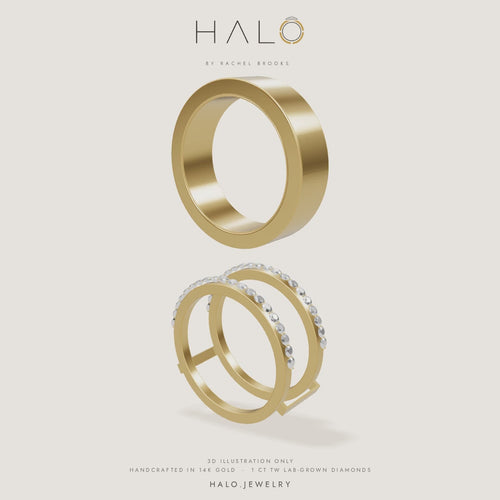 How HALO Round fits: an Oura Ring sliding into the 14k yellow gold diamond jacket