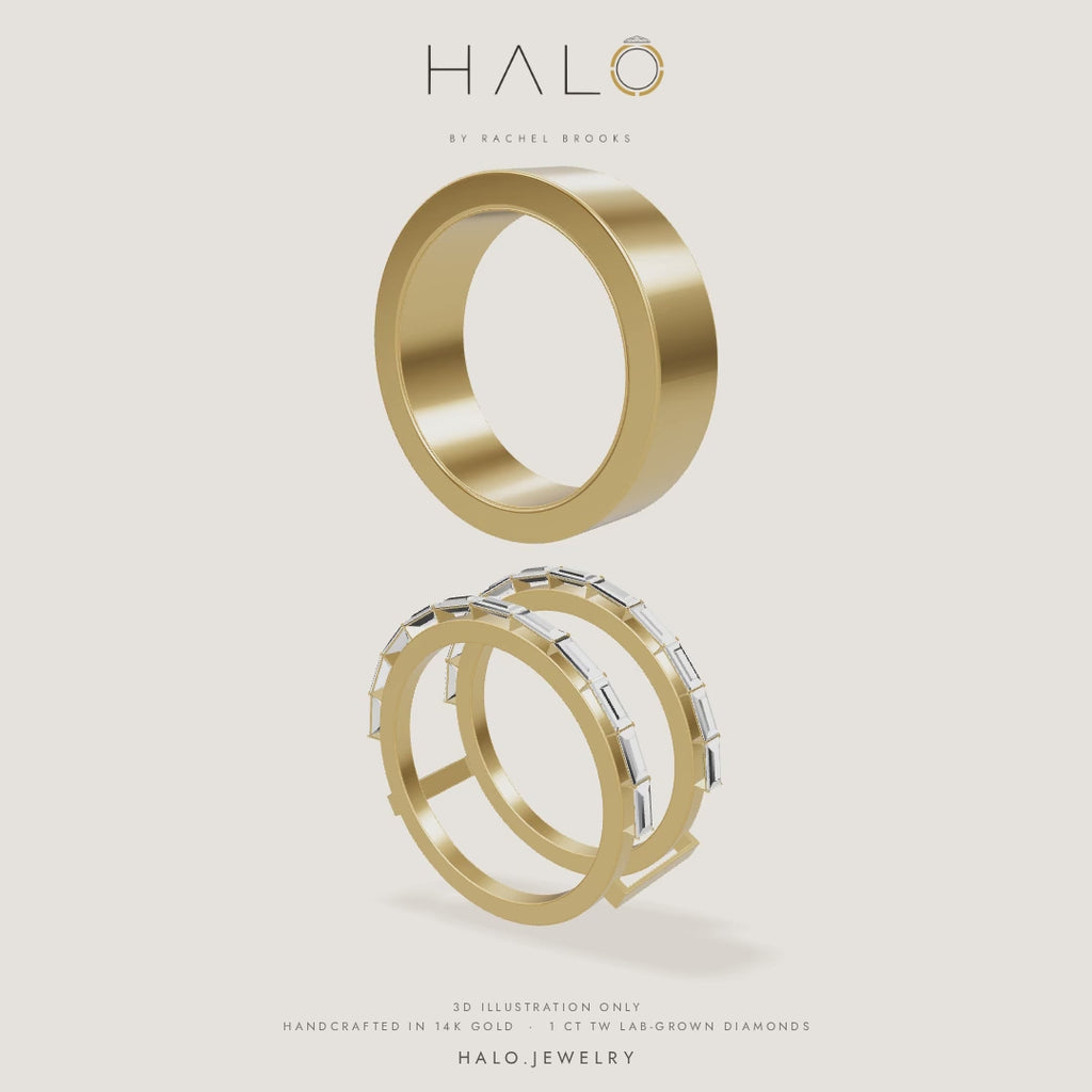 How HALO Baguette fits: an Oura Ring sliding into the 14k yellow gold diamond jacket